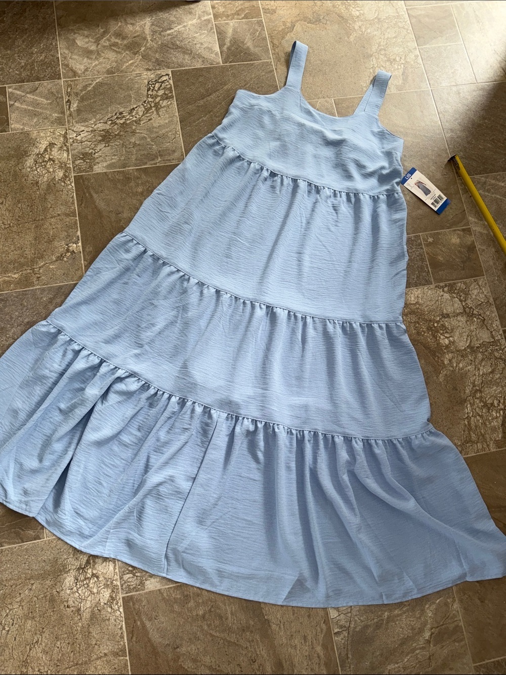 Black Bow Light periwinkle  Blue Tiered womans maxi Sundress with pockets Lg NWT